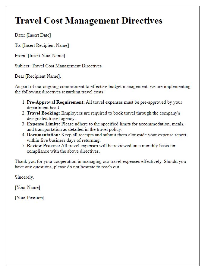 Letter template of travel cost management directives