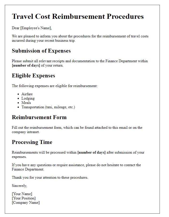 Letter template of travel cost reimbursement procedures