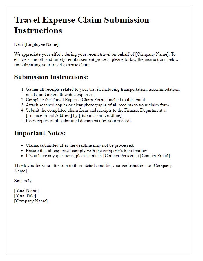 Letter template of travel expense claim submission instructions