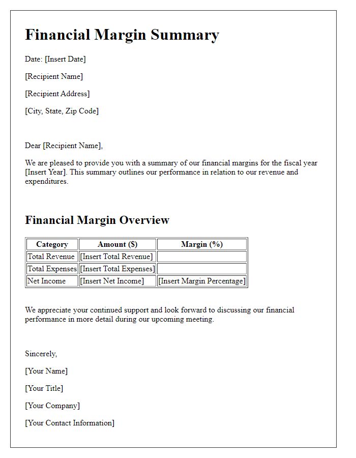 Letter template of financial margin summary