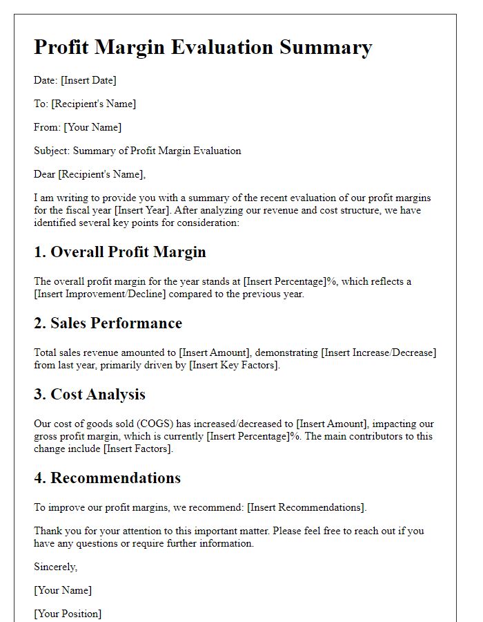 Letter template of profit margin evaluation summary