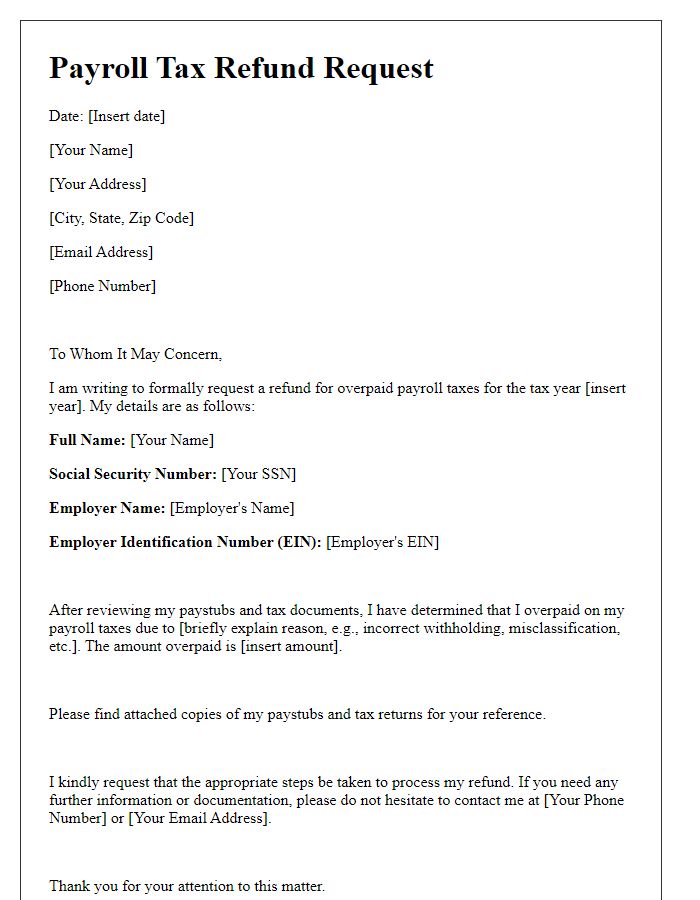 Letter template of payroll tax refund request for individuals