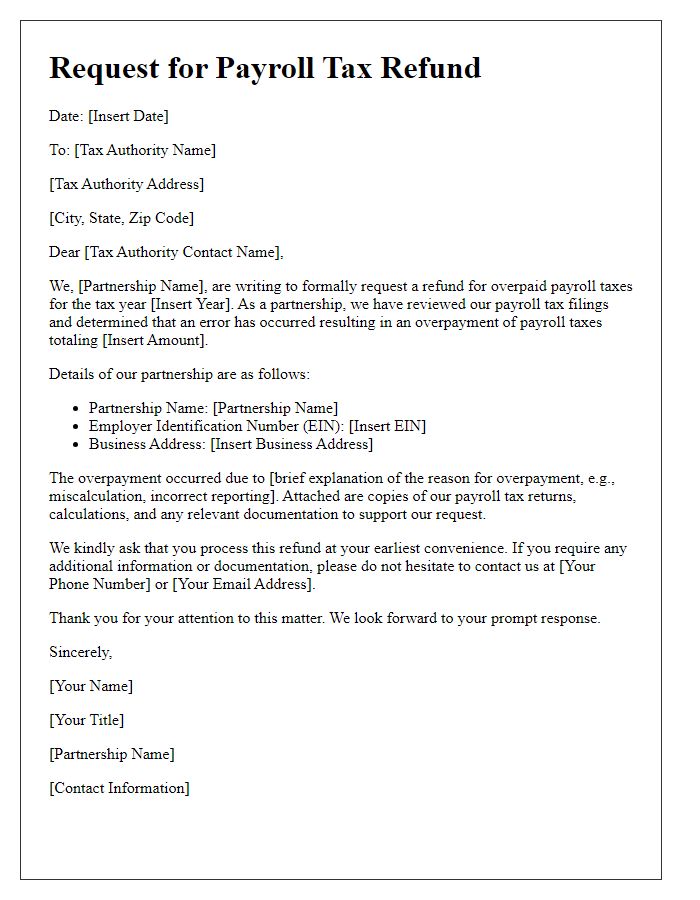 Letter template of payroll tax refund request for partnership businesses