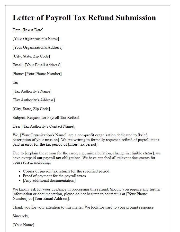 Letter template of payroll tax refund submission for non-profit organizations