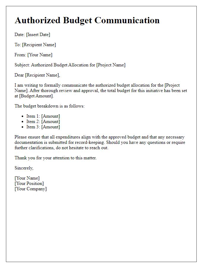 Letter template of authorized budget communication