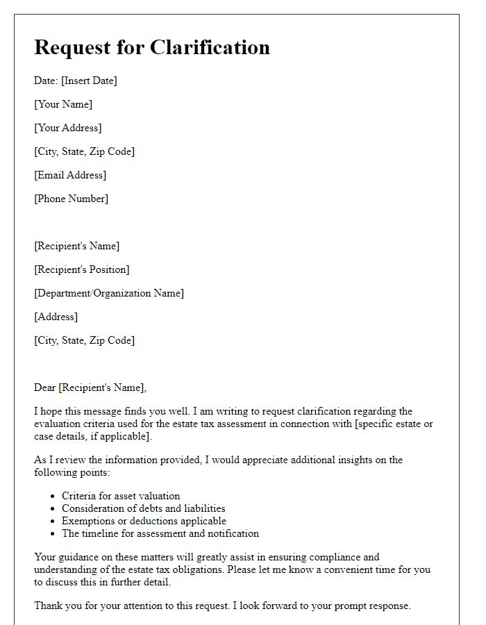 Letter template of clarification request on estate tax evaluation criteria