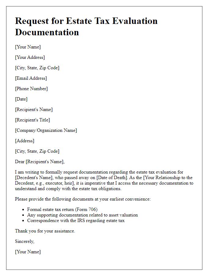 Letter template of request for estate tax evaluation documentation