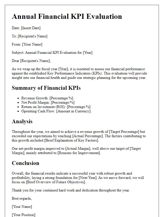 Letter template of annual financial KPI evaluation