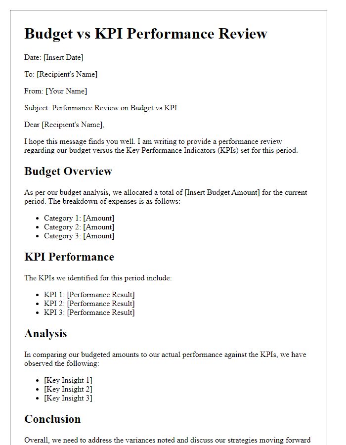 Letter template of budget vs. KPI performance review