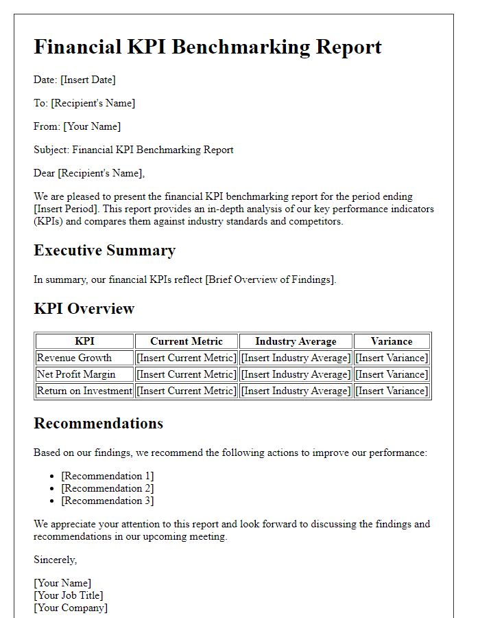 Letter template of financial KPI benchmarking report