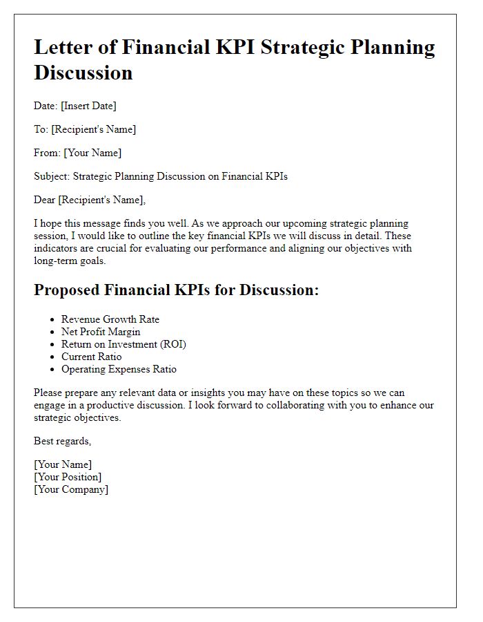 Letter template of financial KPI strategic planning discussion