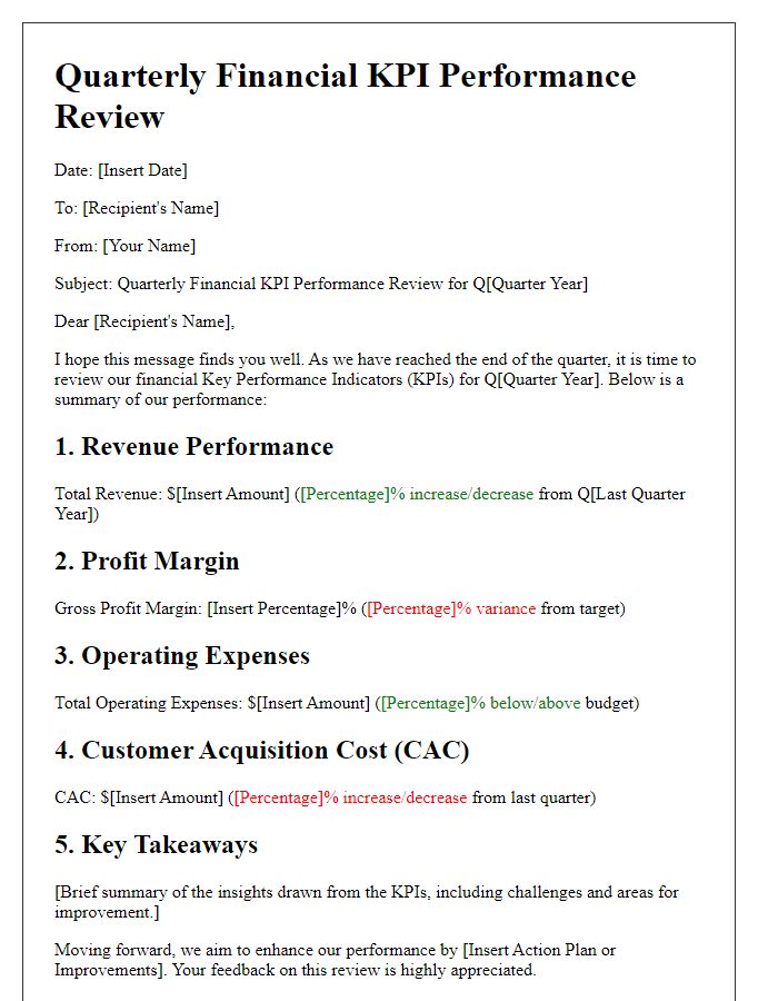 Letter template of quarterly financial KPI performance review