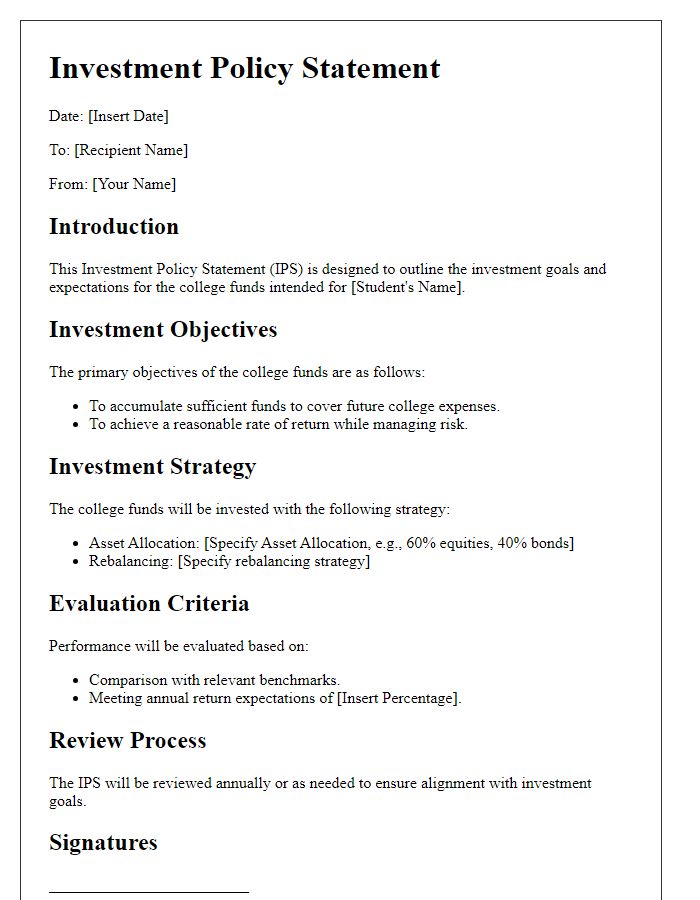 Letter template of Investment Policy Statement for College Funds