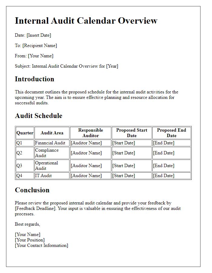 Letter template of internal audit calendar overview