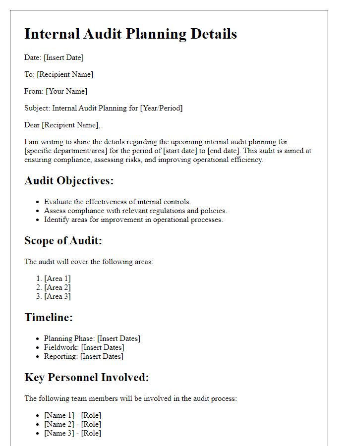 Letter template of internal audit planning details