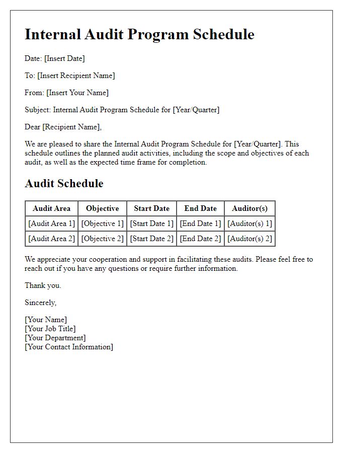 Letter template of internal audit program schedule