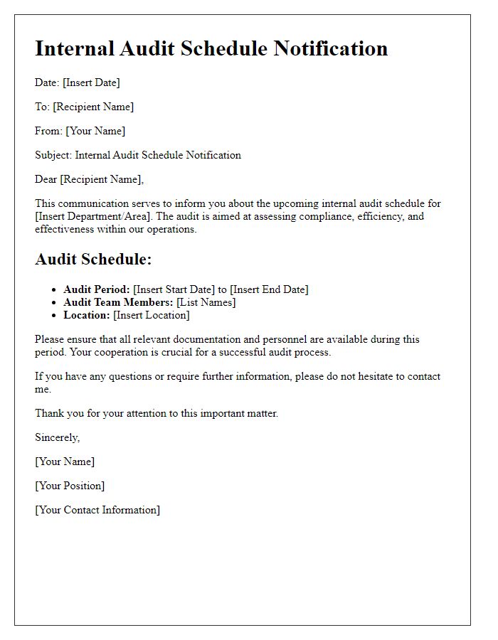 Letter template of internal audit schedule communication