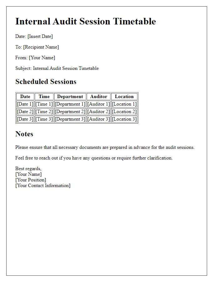 Letter template of internal audit session timetable