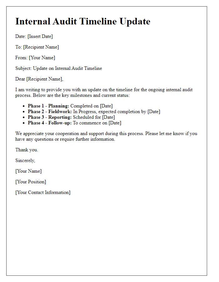 Letter template of internal audit timeline update