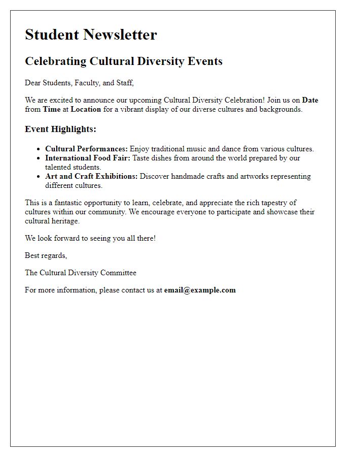 Letter template of student newsletter celebrating cultural diversity events.