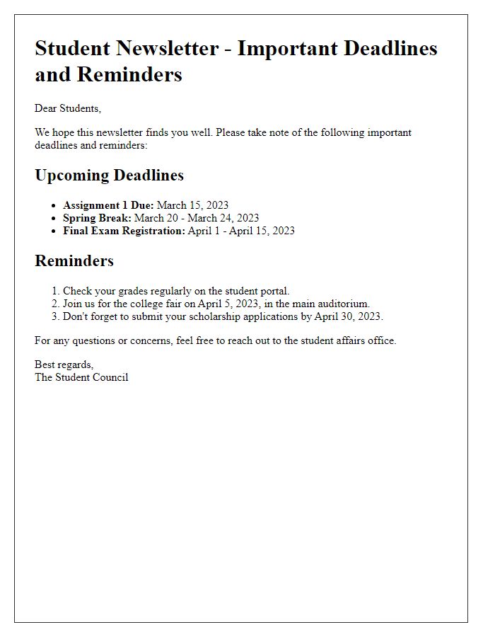 Letter template of student newsletter detailing important deadlines and reminders.