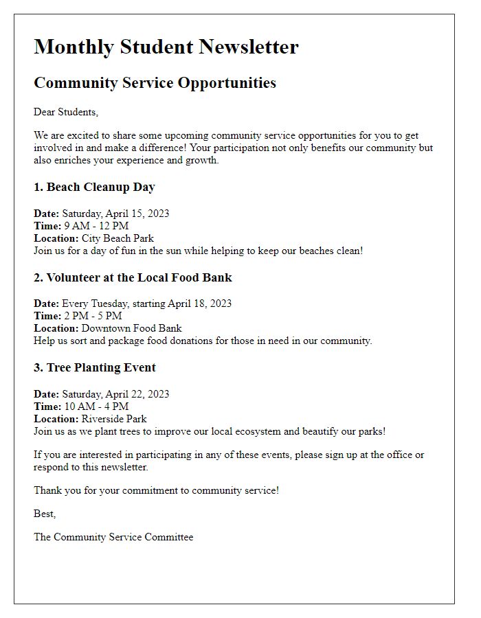 Letter template of student newsletter featuring community service opportunities.