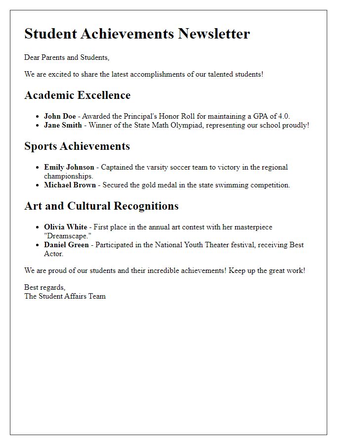 Letter template of student newsletter highlighting achievements and awards.