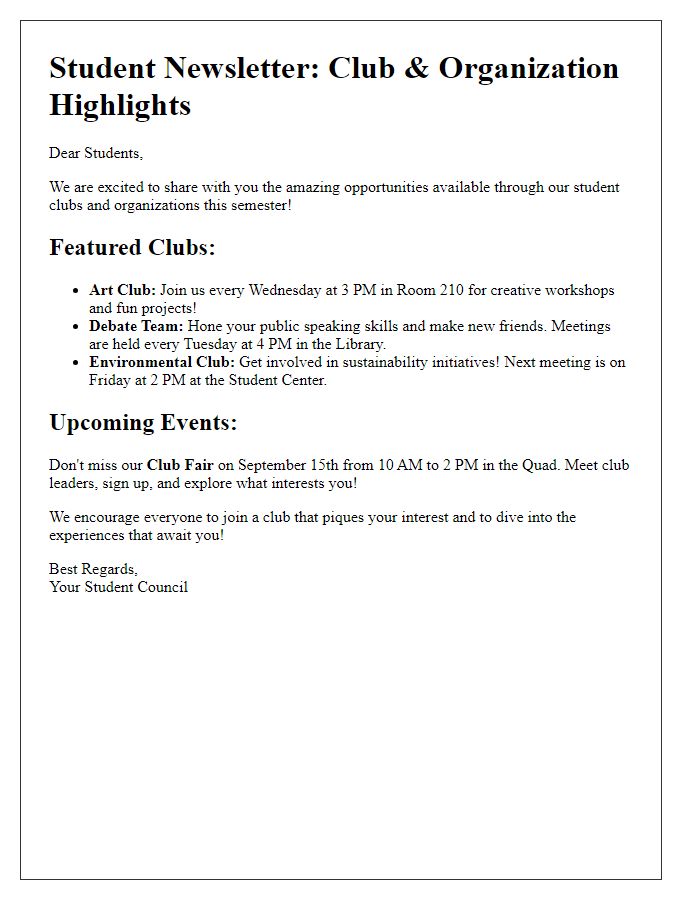 Letter template of student newsletter promoting student clubs and organizations.