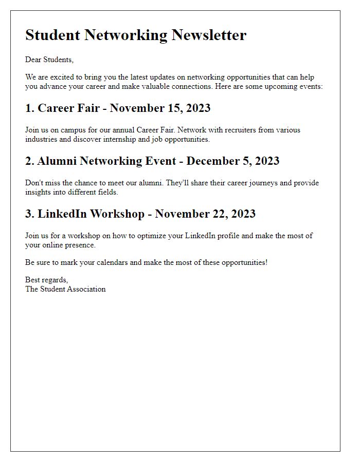 Letter template of student newsletter summarizing networking opportunities.