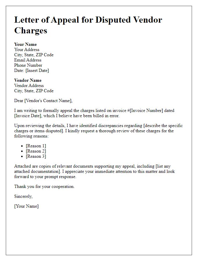 Letter template of appeal for disputed vendor charges