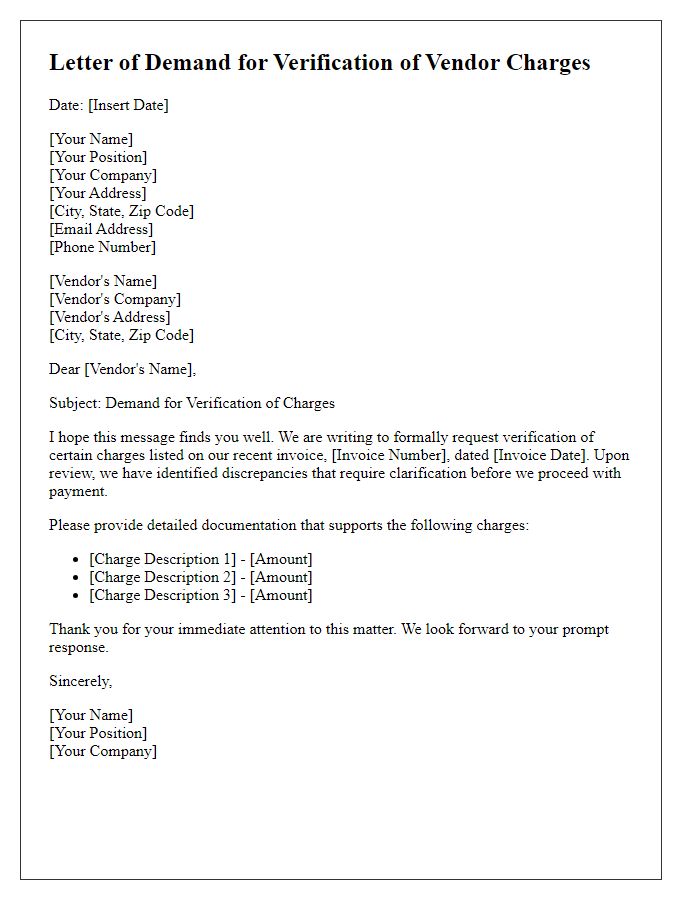 Letter template of demand for verification of vendor charges