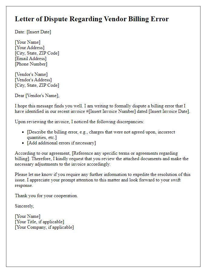 Letter template of dispute regarding vendor billing error