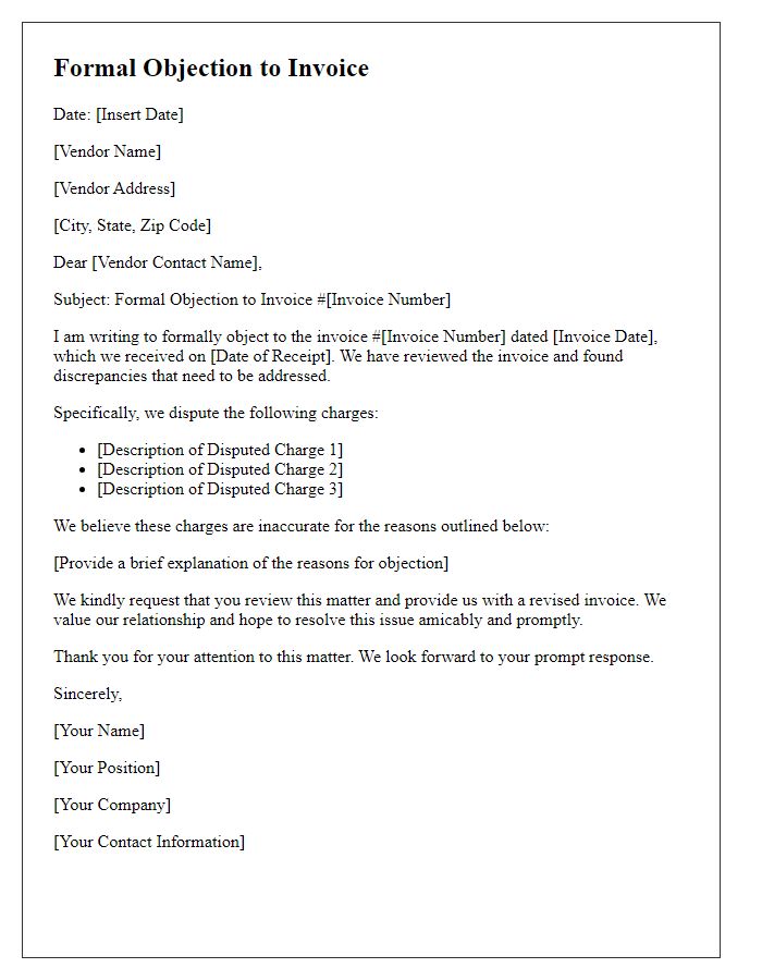 Letter template of formal objection to vendor invoice