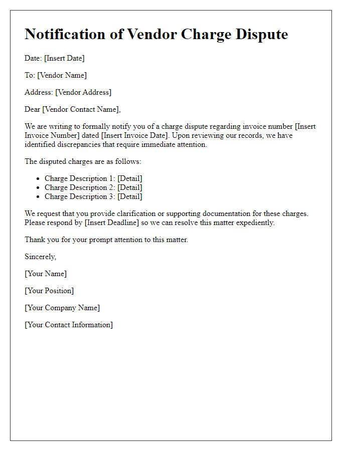 Letter template of notification of vendor charge dispute