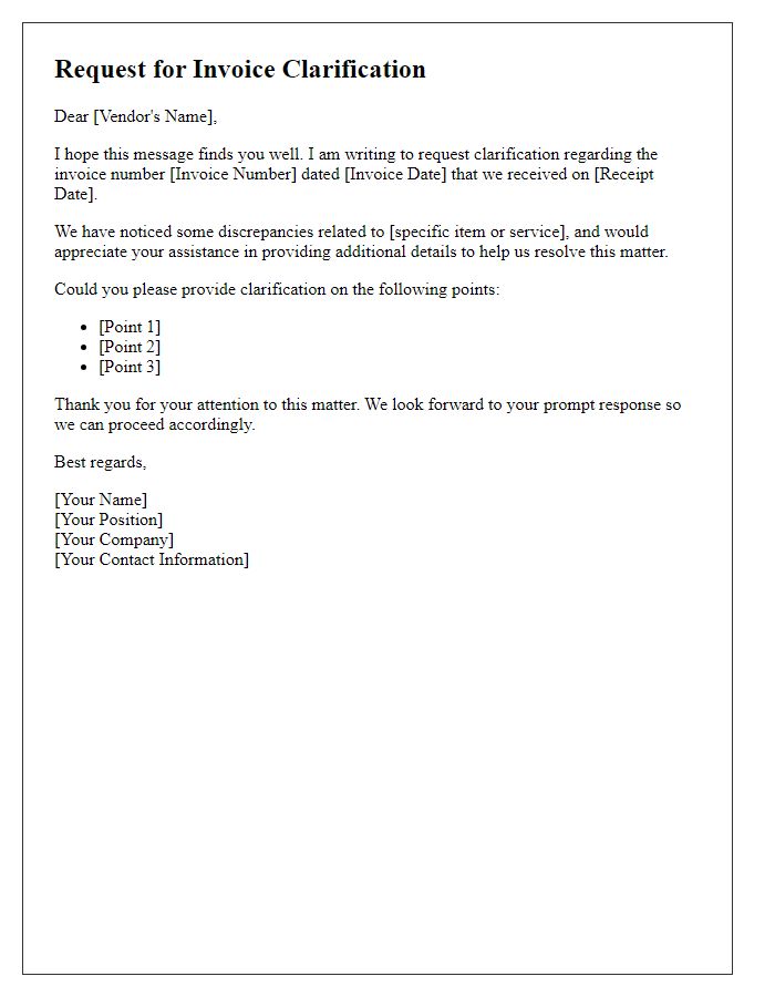 Letter template of request for vendor invoice clarification