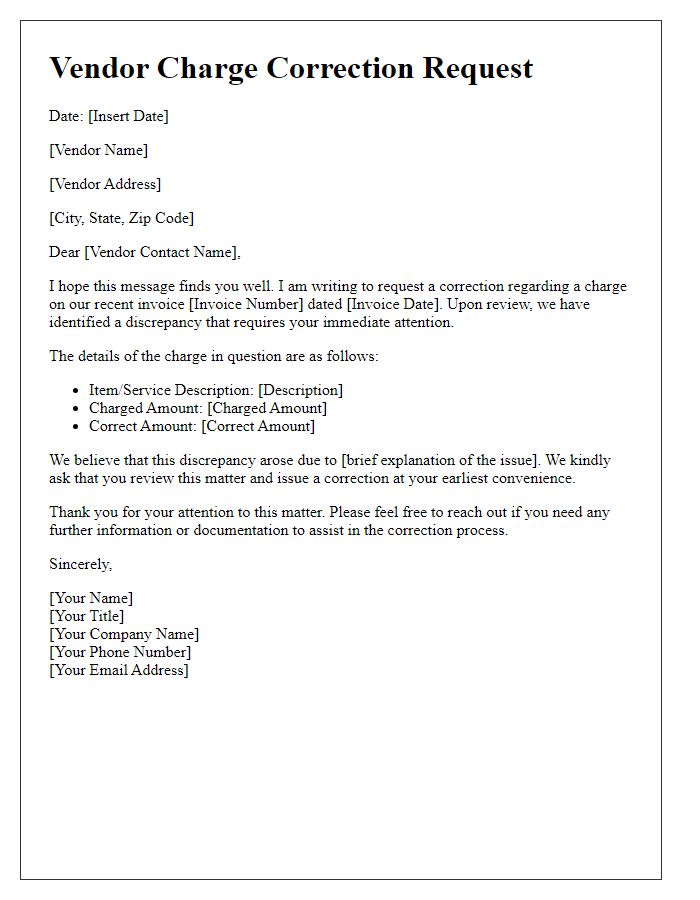 Letter template of vendor charge correction request