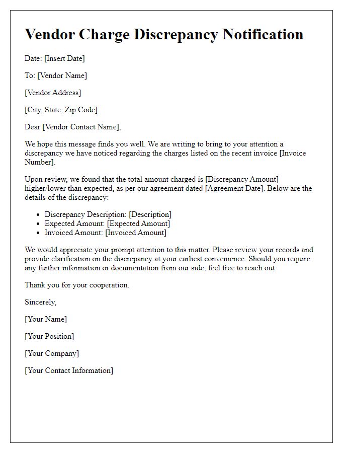 Letter template of vendor charge discrepancy notification