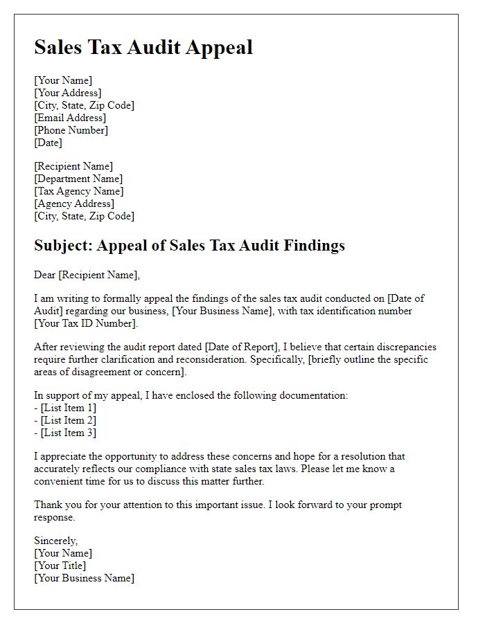 Letter template of sales tax audit appeal preparation