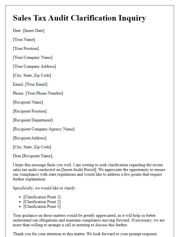 Letter template of sales tax audit clarification inquiry