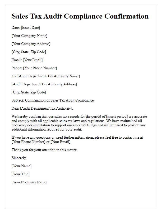 Letter template of sales tax audit compliance confirmation