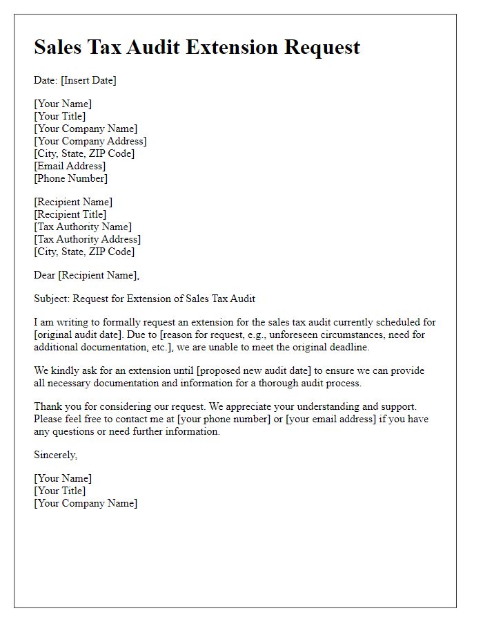 Letter template of sales tax audit extension request