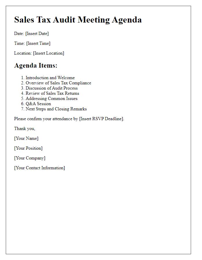 Letter template of sales tax audit meeting agenda