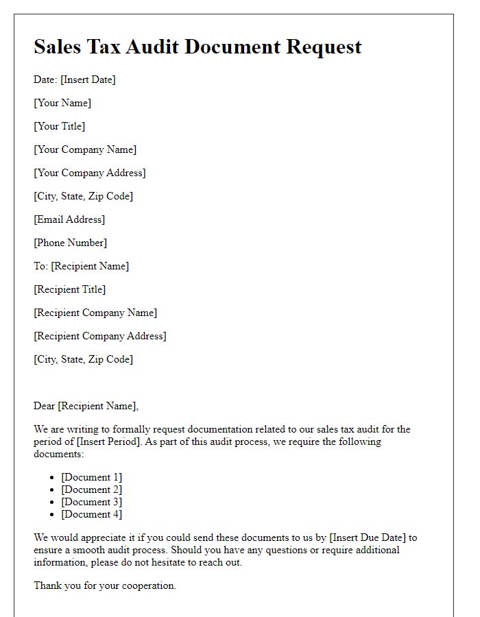 Letter template of sales tax audit request for documents