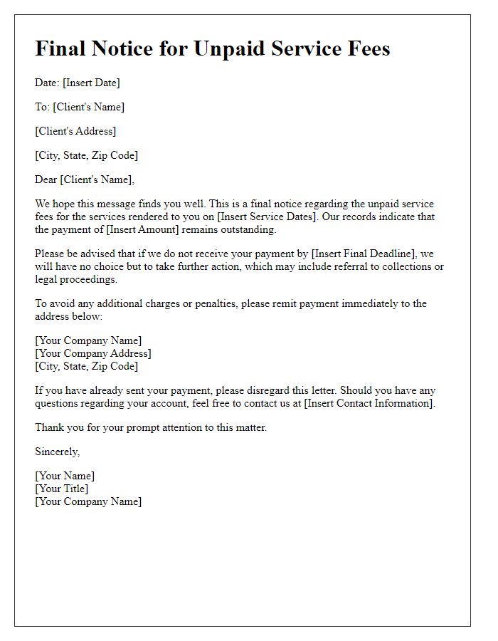 Letter template of final notice for unpaid service fees