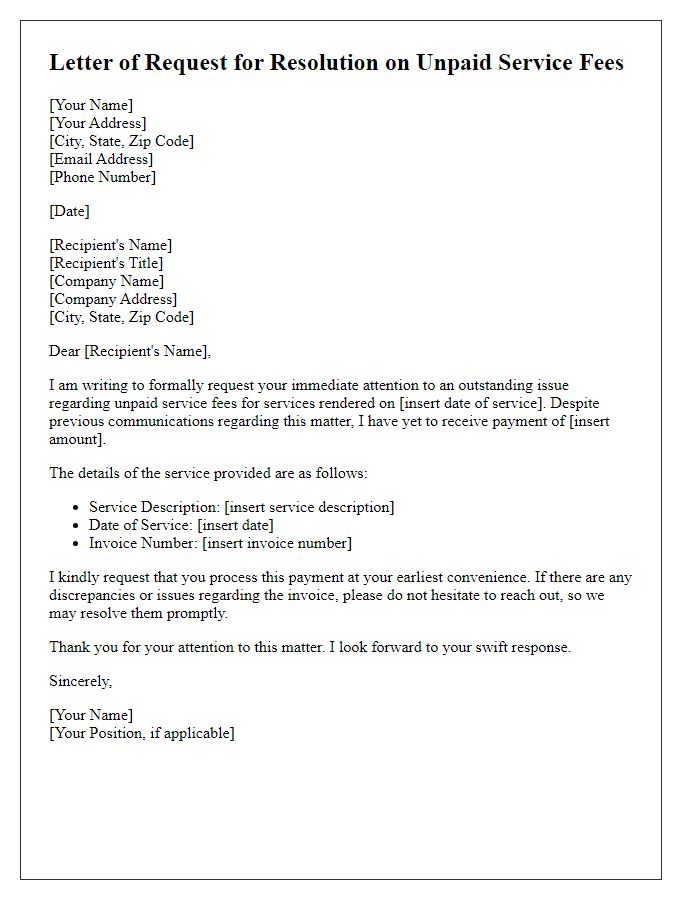 Letter template of request for resolution on unpaid service fees