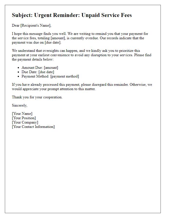 Letter template of urgent reminder for unpaid service fees