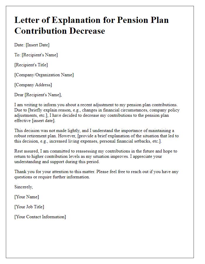 Letter template of explanation for pension plan contribution decrease