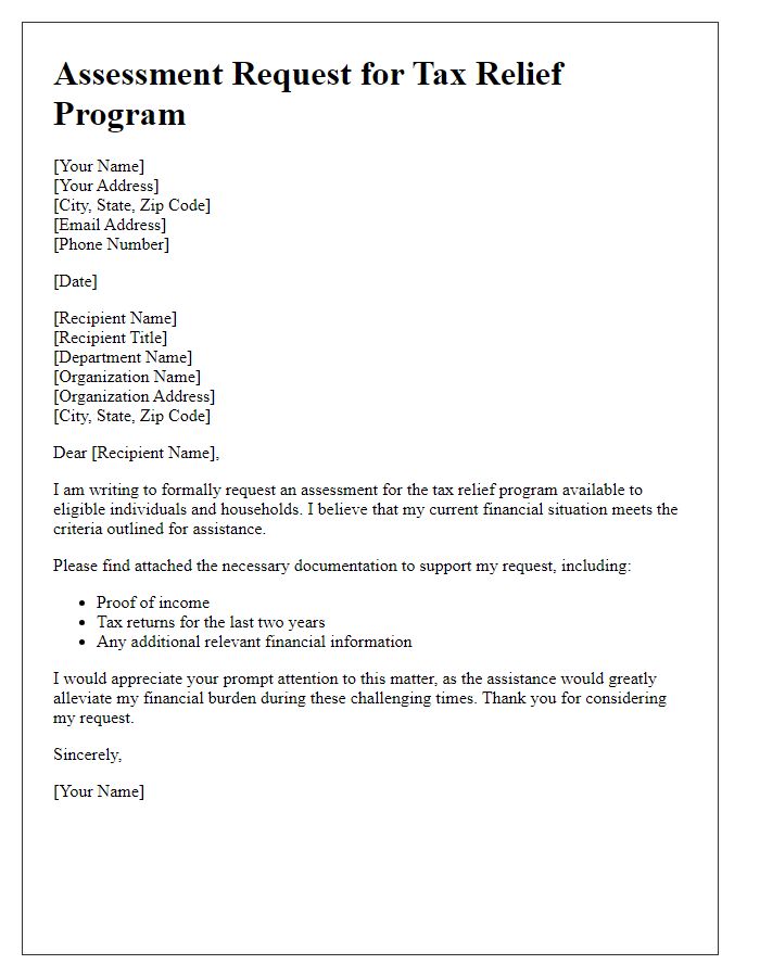 Letter template of assessment request for tax relief program