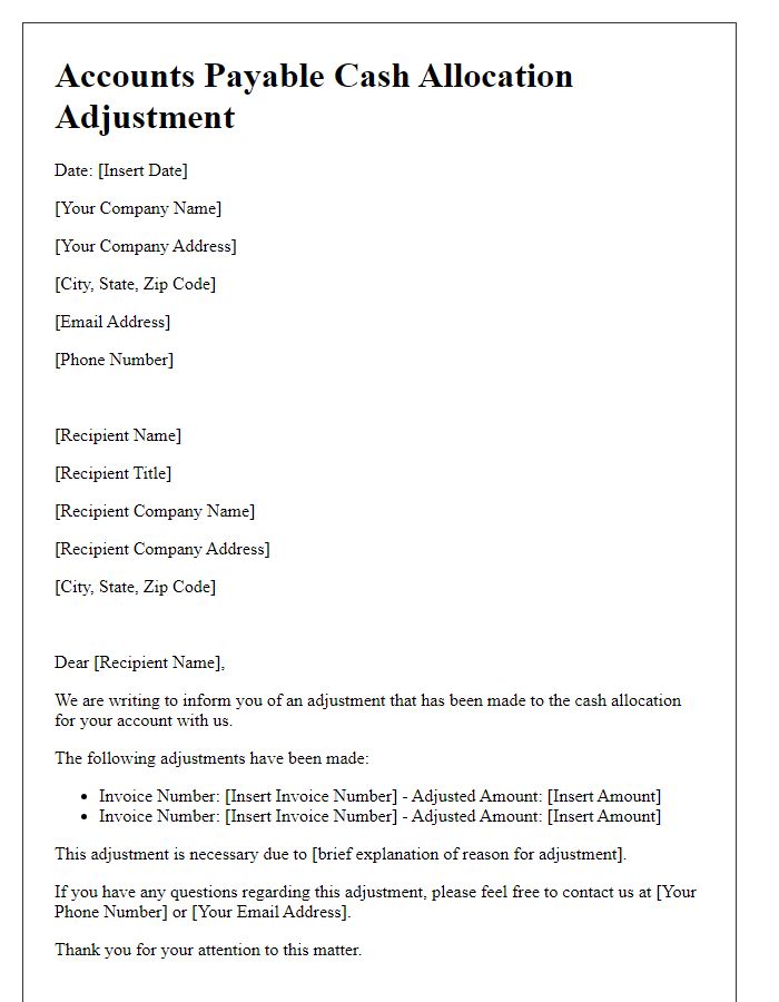 Letter template of accounts payable cash allocation adjustment