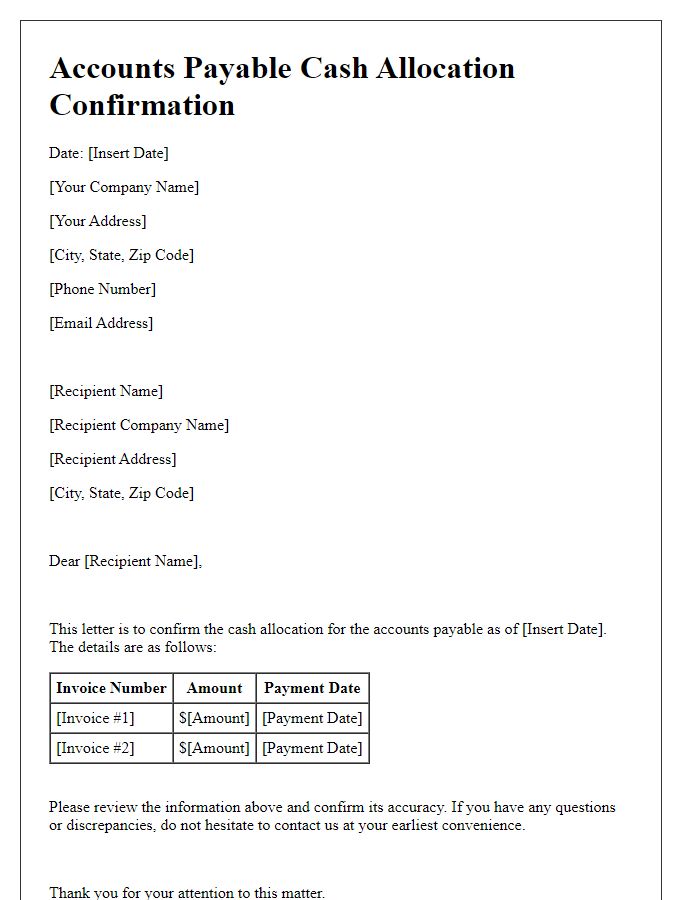 Letter template of accounts payable cash allocation confirmation